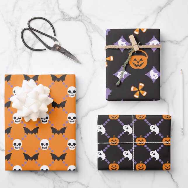 Halloween Designer Spaß, Skulls & Pumpkins Geschenkpapier Set (Vorderseite)