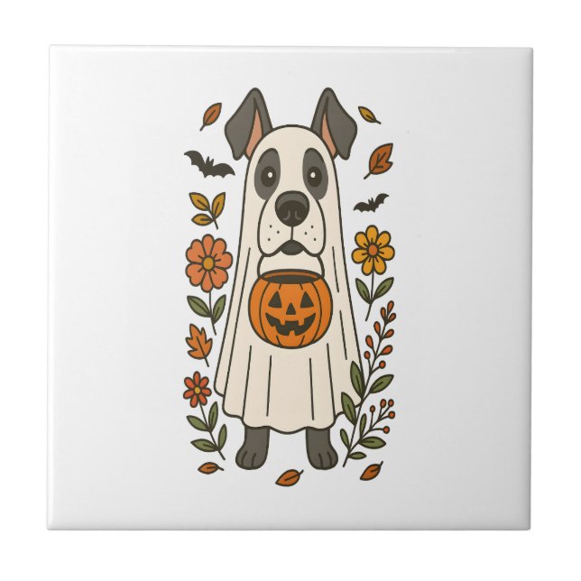 Halloween Deutsche Dogge Blumen Fliese (Vorderseite)
