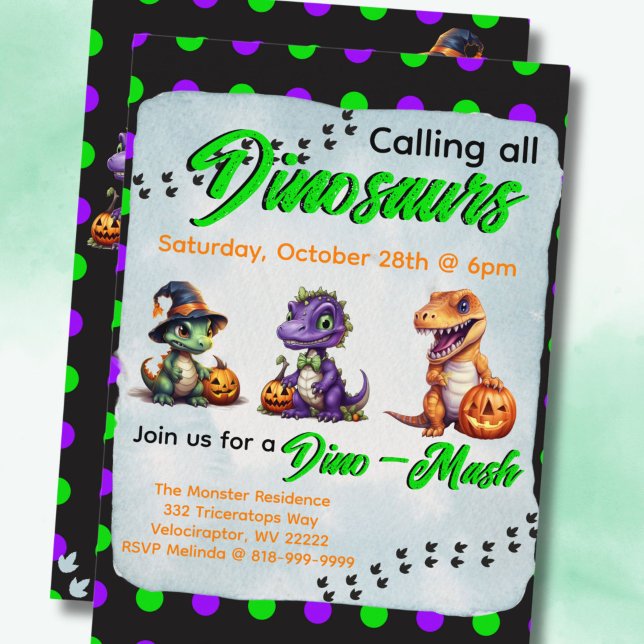 Halloween Dinosaur Dino-Mash-Party Einladung (Halloween Dinosaur Dino-Mash Party Invitation with Green Font)