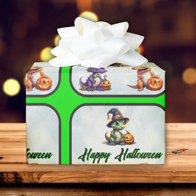 Halloween Dinosaur Dino-Mash-Party Geschenkpapier (Halloween Dino Wrapping Paper with green trim and font)