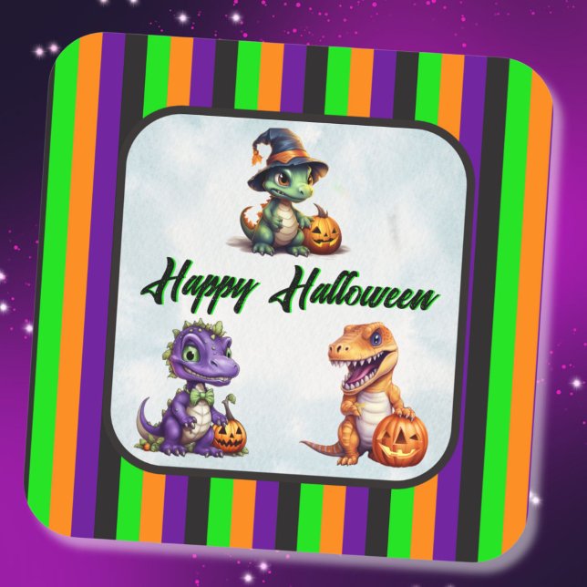 Halloween Dinosaur Dino-Mash-Party Quadratischer Aufkleber (Dinosaur Halloween Stickers with 3 dinos!)