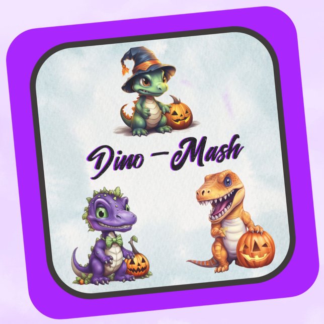 Halloween Dinosaur Dino-Mash-Party Quadratischer Aufkleber (Triple DIno, Dino-Mash stickers for Halloween with Purple trim)