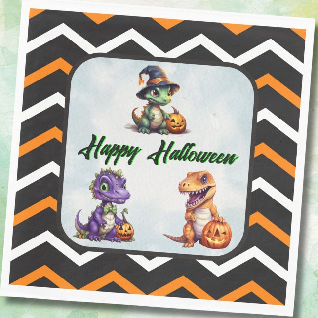 Halloween Dinosaur Dino-Mash-Party Serviette (Halloween Dino Party Napkins with Chevron Stripes)
