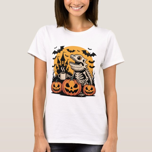 Halloween Dinosaur Skeleton mit Kaffee T-Shirt (Vorderseite)
