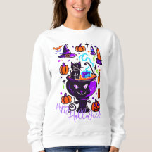Halloween Doodle Graphic Cat Witch Pumpkin Hoodie,