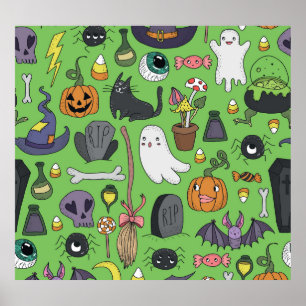 Halloween Doodle: Niedliches Nahtloses Konzept Poster