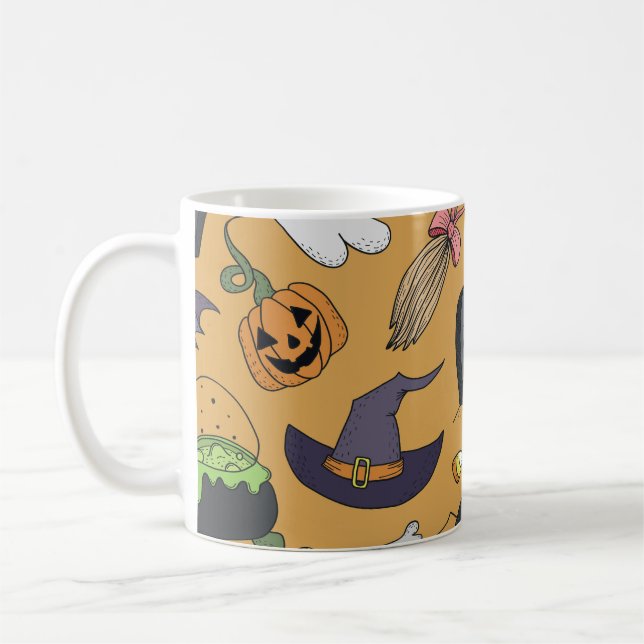 Halloween Doodle Objects Nahtloses Muster Kaffeetasse (Links)
