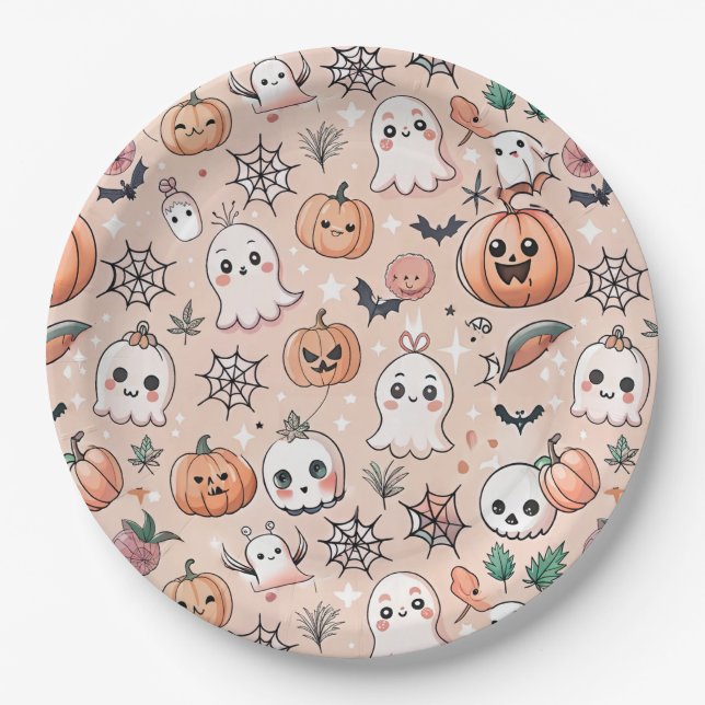 Halloween Doodle Pattern mit Ghosts & Pumpkins 2 Pappteller (Vorderseite)