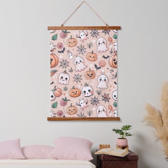 Halloween Doodle Pattern mit Ghosts & Pumpkins 2 Wandteppich Mit Holzrahmen (Schlafzimmer)