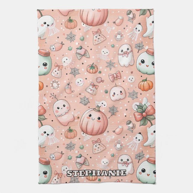 Halloween Doodle Pattern mit Ghosts & Pumpkins Geschirrtuch (Vertikal)