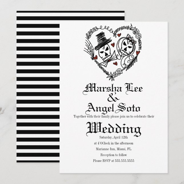 Halloween Doodle Skeleton Couple Wedding Einladung (Vorne/Hinten)
