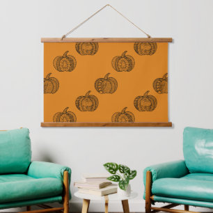 Halloween Doodles boho mandala Kürbis Herbst Wandteppich Mit Holzrahmen