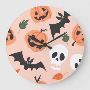 Halloween Doodles, Kürbisse, Fledermausmuster. Große Wanduhr