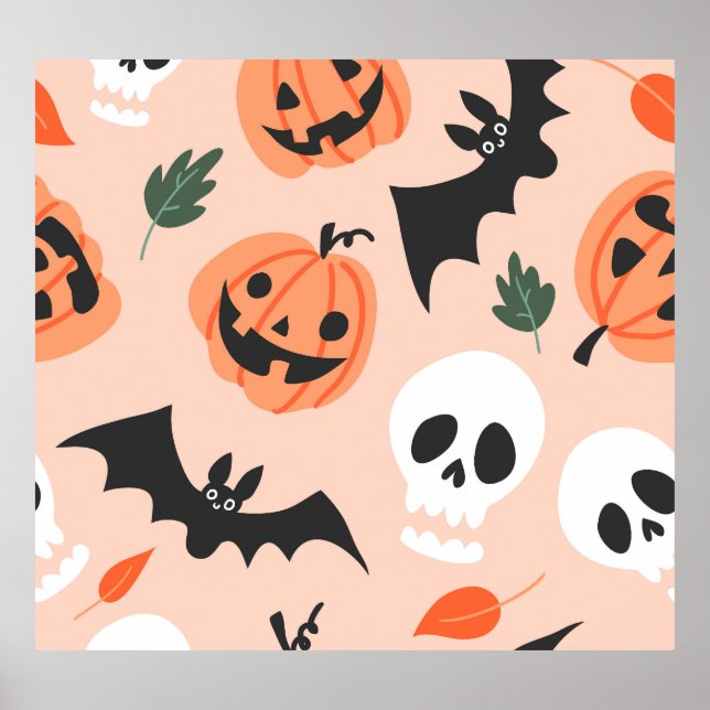 Halloween Doodles, Kürbisse, Fledermausmuster. Poster (Vorne)