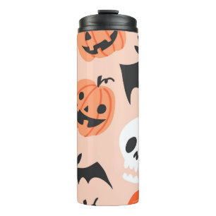 Halloween Doodles, Kürbisse, Fledermausmuster. Thermosbecher