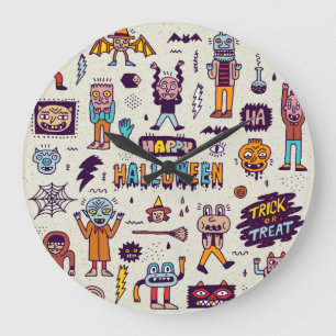 Halloween Doodles, wackeliger Cartoon nahtloses Se Große Wanduhr