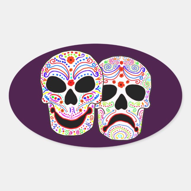 Halloween DOTD Comedy-Tragedy Skulls Ovaler Aufkleber (Vorderseite)