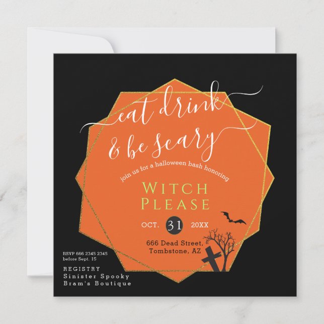 Halloween Eat Drink Beängstigend Black Orange Paro Einladung (Vorderseite)