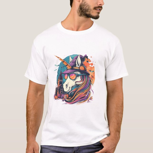 Halloween Einhorn Hexenfledermäuse T-Shirt (Vorderseite)
