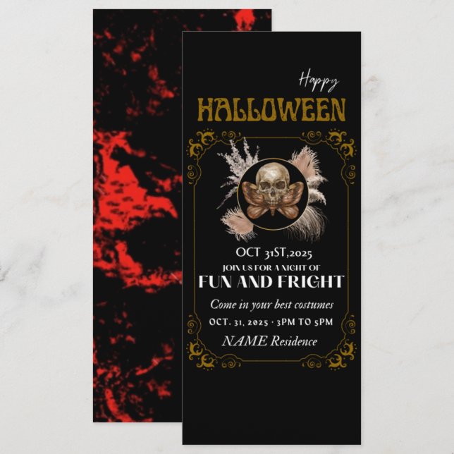 halloween elegante goldene Skelette Einladung (Vorne/Hinten)