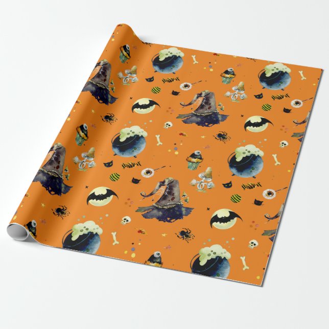 Halloween-Elemente in Orange Geschenkpapier (Ungerollt)