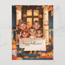 Halloween Eltern mit drei Kindern Postkarte