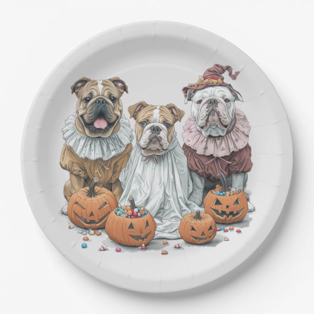 Halloween English Bulldogs Pumpkin Pappteller (Vorderseite)
