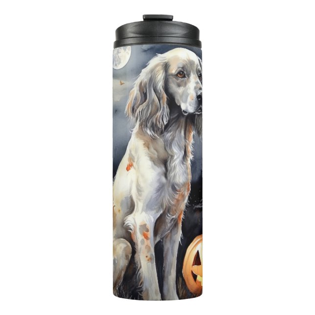 Halloween English Setter mit Pumpkins Beängstigend Thermosbecher (Vorderseite)