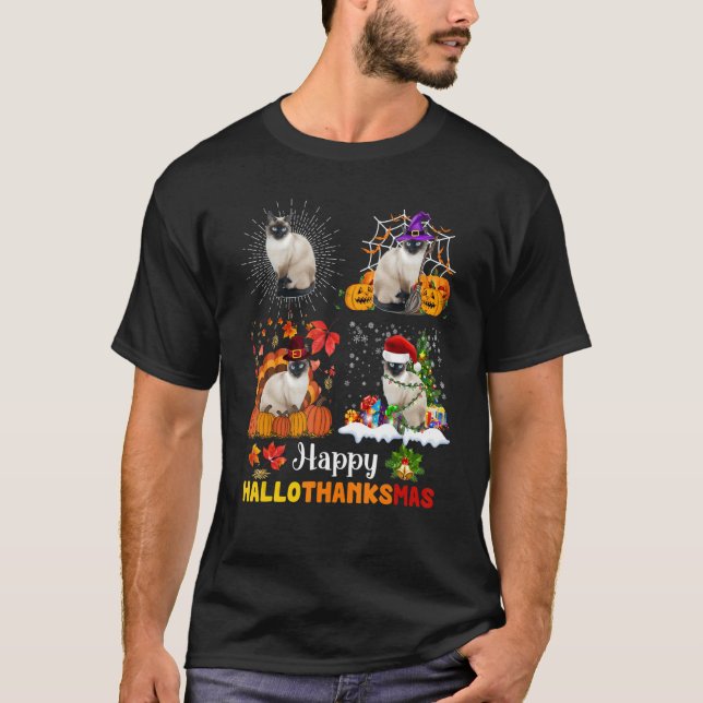 Halloween Erntedank Weihnachten Siamese Cat Hallo T-Shirt (Vorderseite)