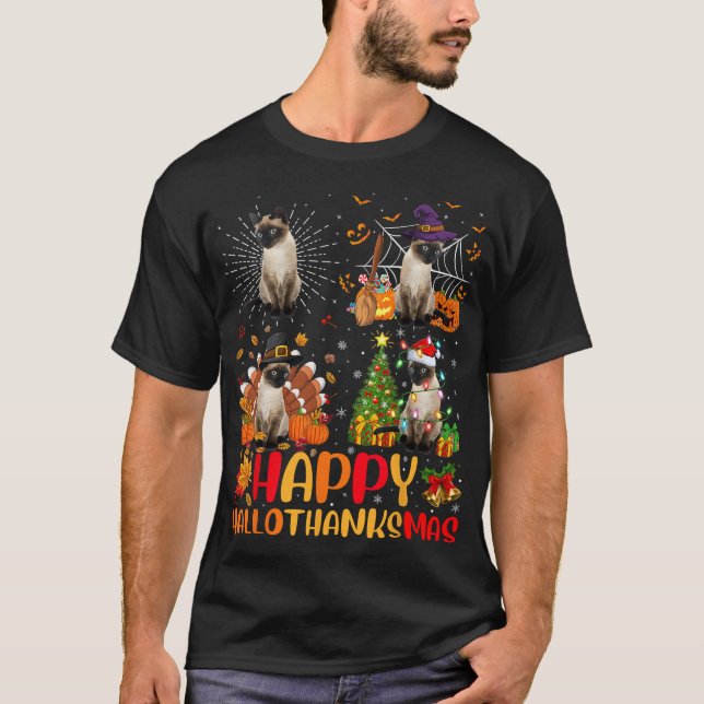 Halloween Erntedank Weihnachten Siamese Cat Hallo T-Shirt (Vorderseite)