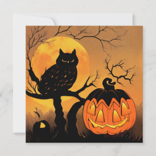 Halloween. Eule im Baum mit Kürbis. Mond. Karte