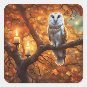 Halloween-Eule in Herbstlaub-Kerzen Quadratischer Aufkleber