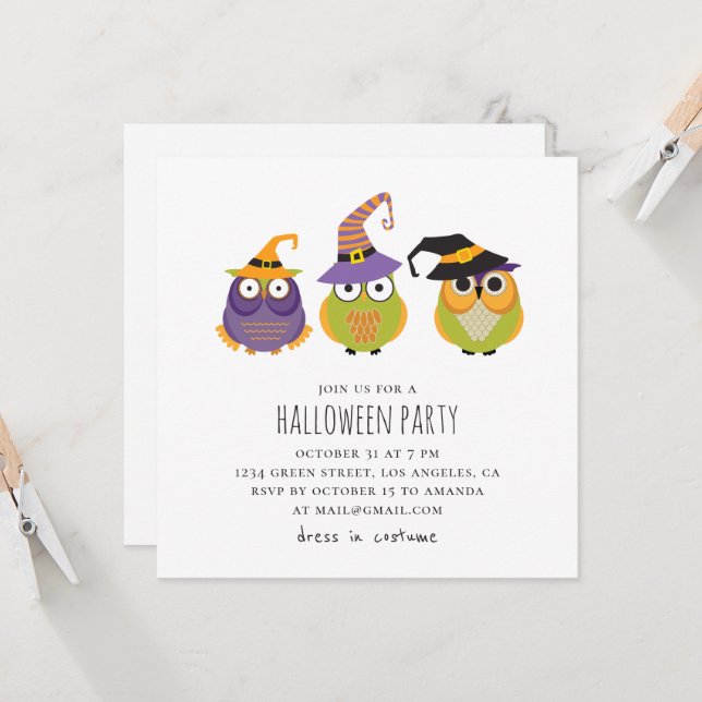 Halloween-Eulen. Liebliche Kinder kostümen Party.  Einladung (Vorderseite/Rückseite Beispiel)