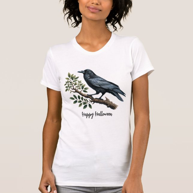 Halloween Evil Black Crow Green Blätter Frauen T-Shirt (Vorderseite)