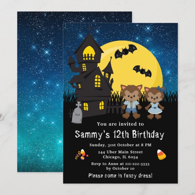 Halloween Extravagant Dress Birthday Werewolf Blue Einladung (Vorne/Hinten)
