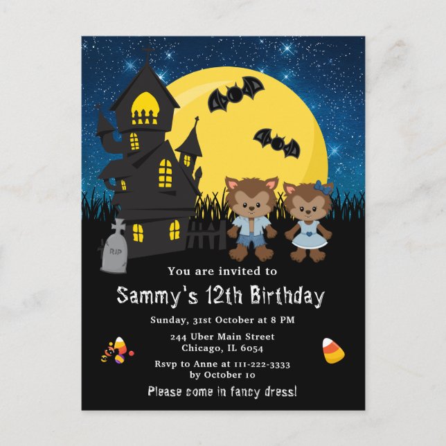 Halloween Extravagant Dress Birthday Werewolf Blue Postkarte (Vorderseite)