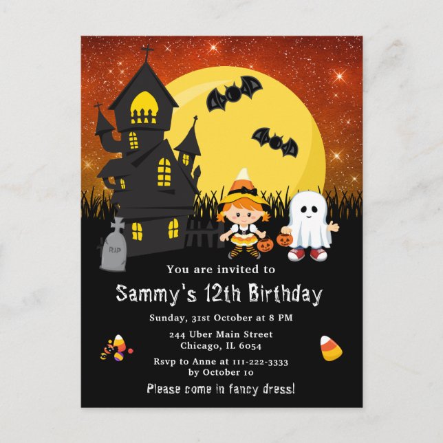 Halloween Extravagantes Kleid Geburtstag Hexenmeis Postkarte (Vorderseite)