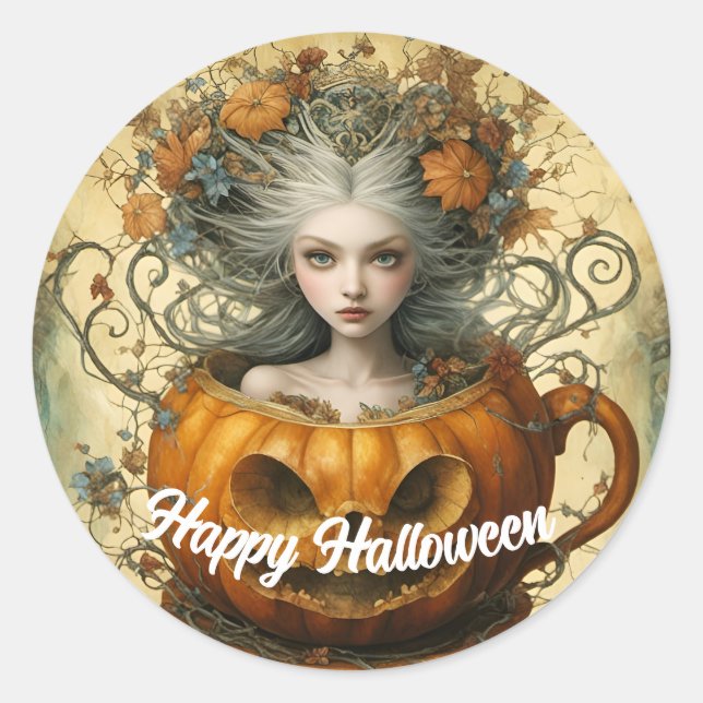 Halloween Fairy in einem Teacup Runder Aufkleber (Vorderseite)