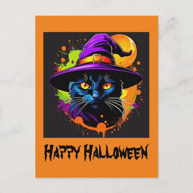Halloween farbenfrohe majestätische Schwarze Katze Postkarte (Vorderseite)