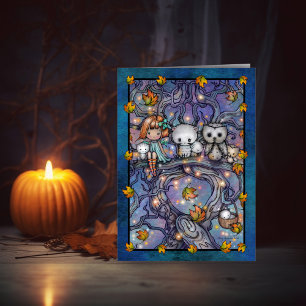 Halloween-Feen-Eulen und Katzen-Kunstkarte Karte