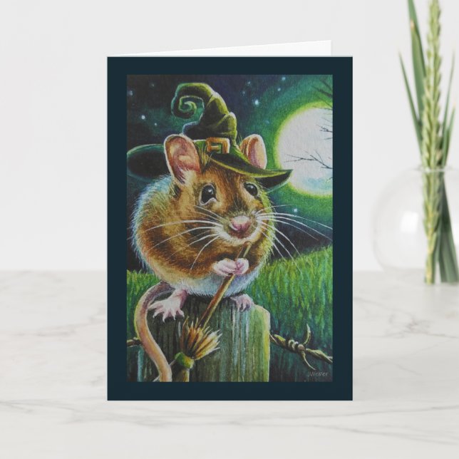 Halloween Field Mouse Broom Watercolor Art Karte (Vorderseite)