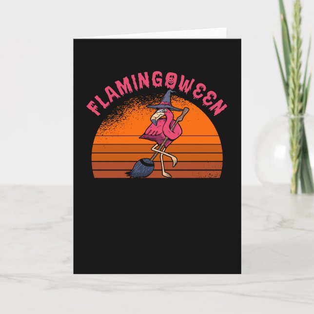 Halloween Flamingo Flamingoween Hexe Broom Retro Karte (Vorderseite)