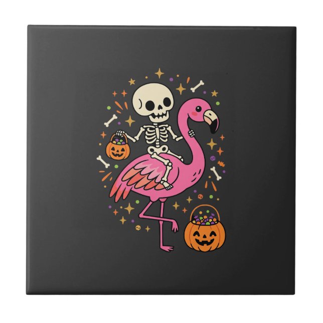 Halloween Flamingo Skelett Candy Eimer Vektor De Fliese (Vorderseite)