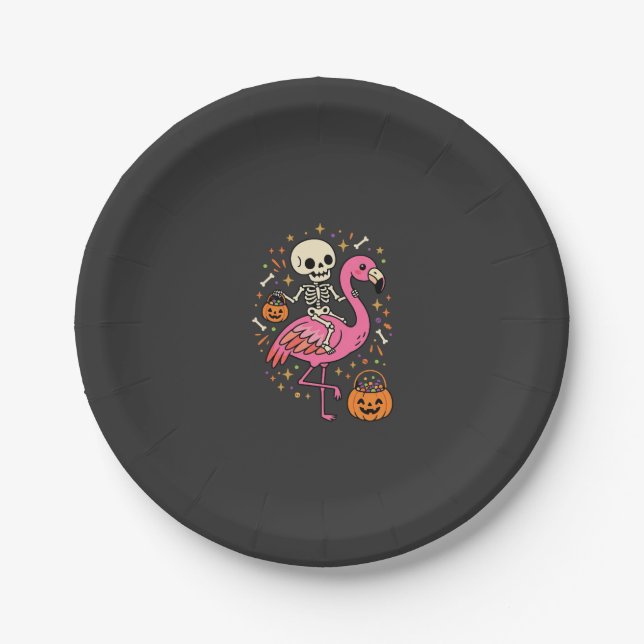 Halloween Flamingo Skelett Candy Eimer Vektor De Pappteller (Vorderseite)