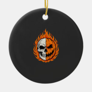 Halloween Flammender Totenschädel-Kürbis gespalten Keramik Ornament