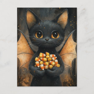 Halloween-Fledermaus-Katze mit Süßigkeiten Postkarte