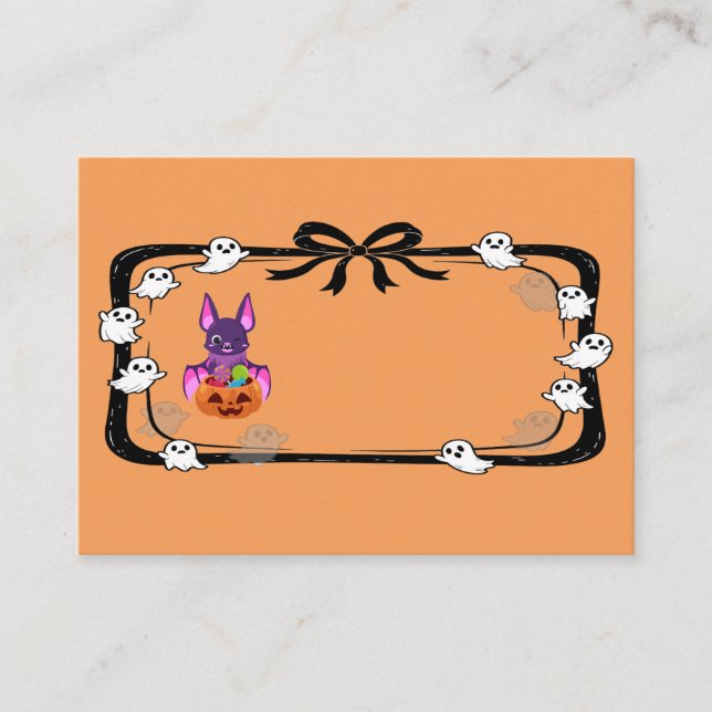 Halloween-Fledermaus mit orangefarbenen Süßigkeite Platzkarte (Vorderseite)