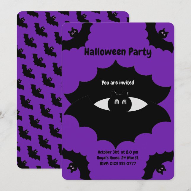Halloween-Fledermäuse auf Royal Lila Einladung (Vorne/Hinten)