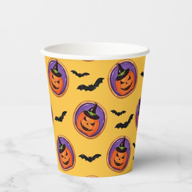 Halloween-Fledermäuse & Jack-O-Lantern-Gelbpapierk Pappbecher (Vorderseite)