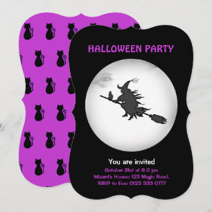 Halloween fliegende Hexe und schwarze Katze Einlad Einladung